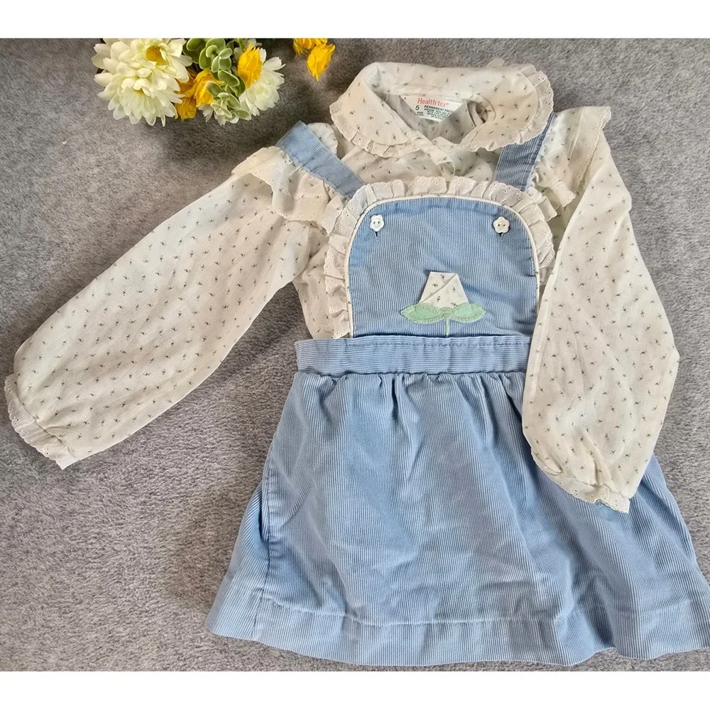 Vintage Health-tex Set Girls 5 Blue Vintage Corduroy Floral Eyelet Ruffle Dress